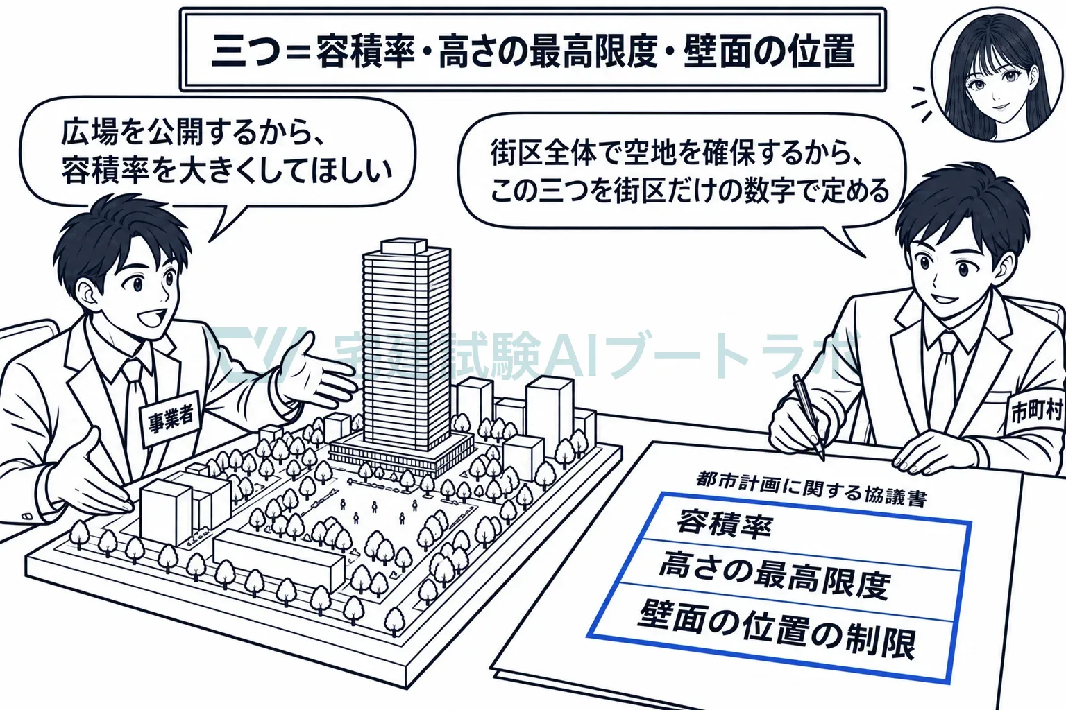 広場を公開する見返りに、街区だけの容積率・高さの最高限度・壁面の位置を定める。