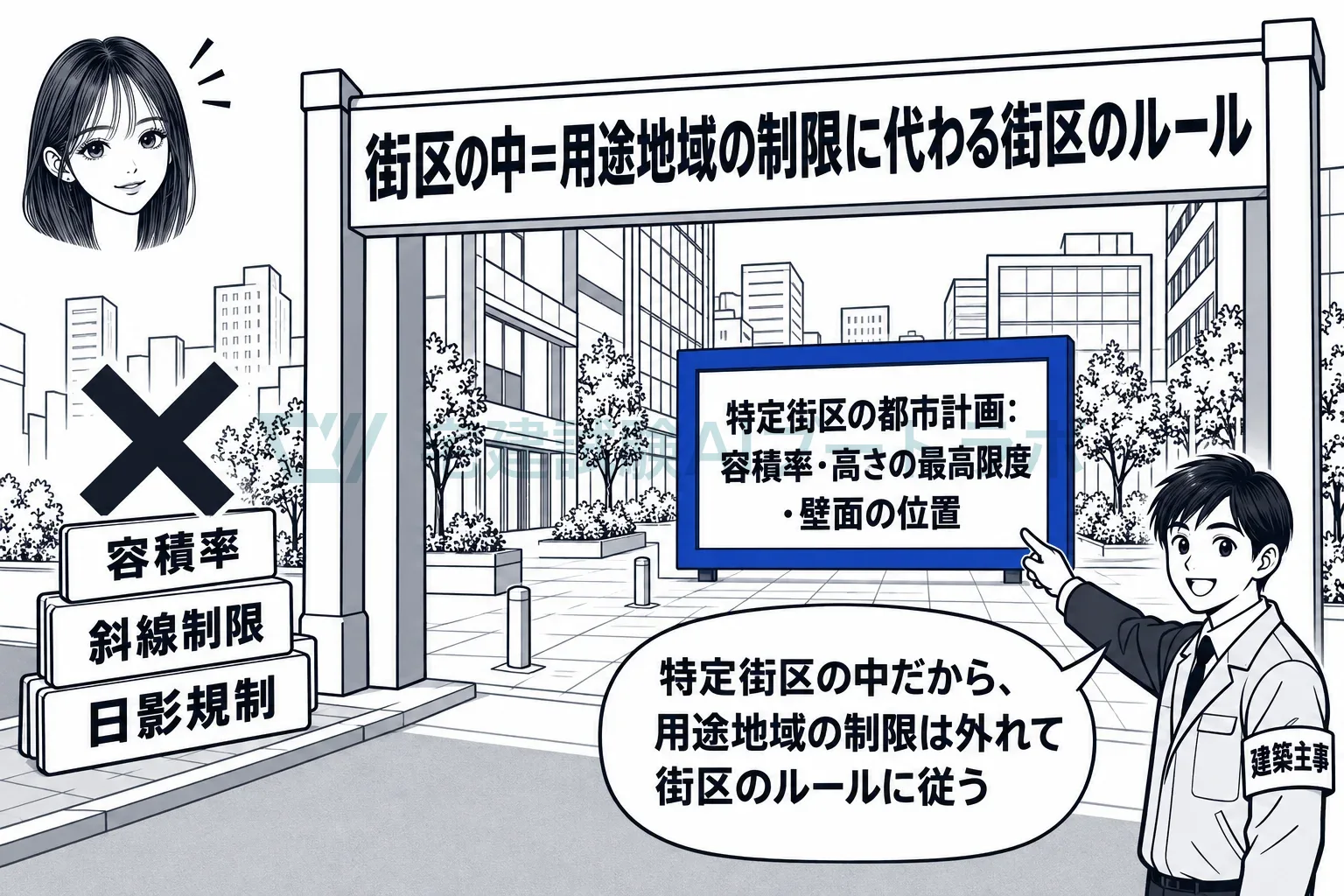 街区の入口で用途地域の制限が外れ、街区のルールに置き換わる。