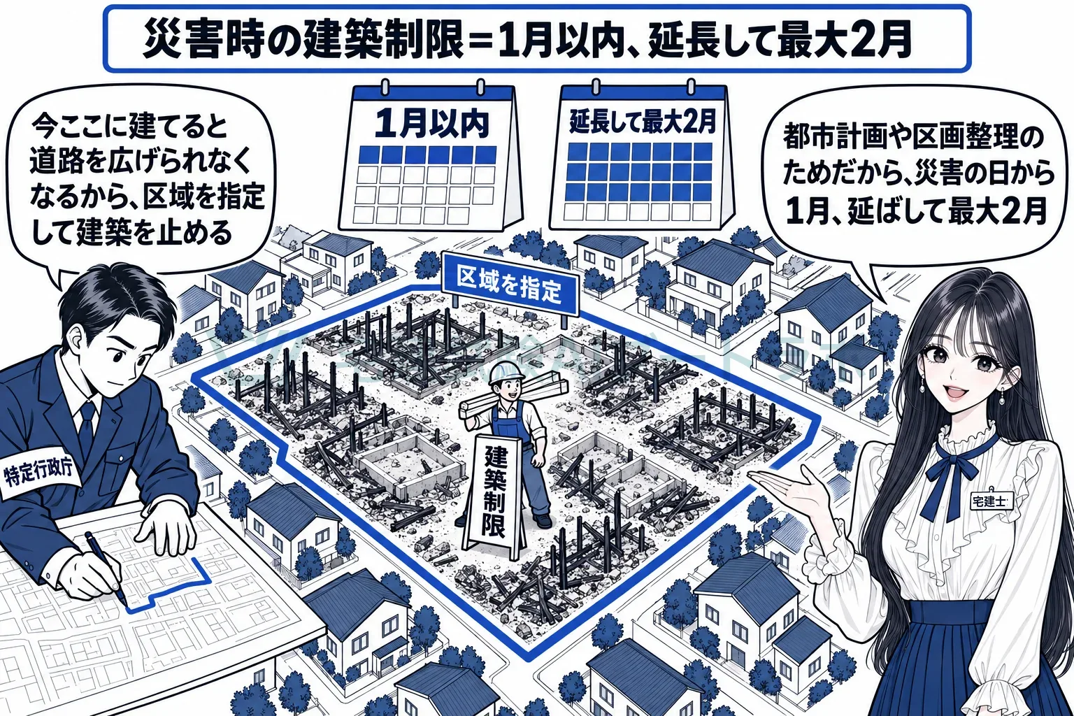 被災した市街地に区域を指定し、1月、延長して最大2月だけ建築を止める。
