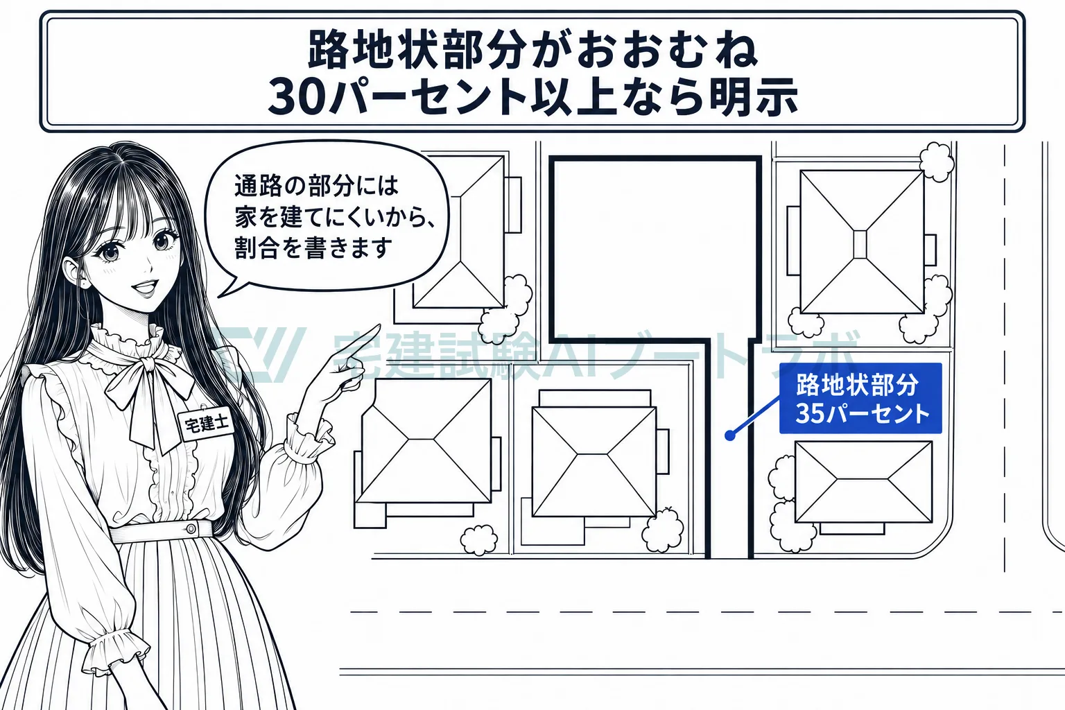 路地状部分がおおむね30パーセント以上なら、その旨と割合又は面積を明示する。