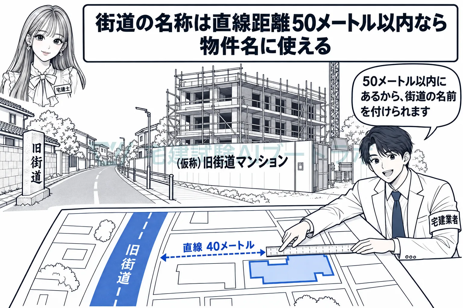 街道の名称を物件名に使えるのは、直線距離で50メートル以内。