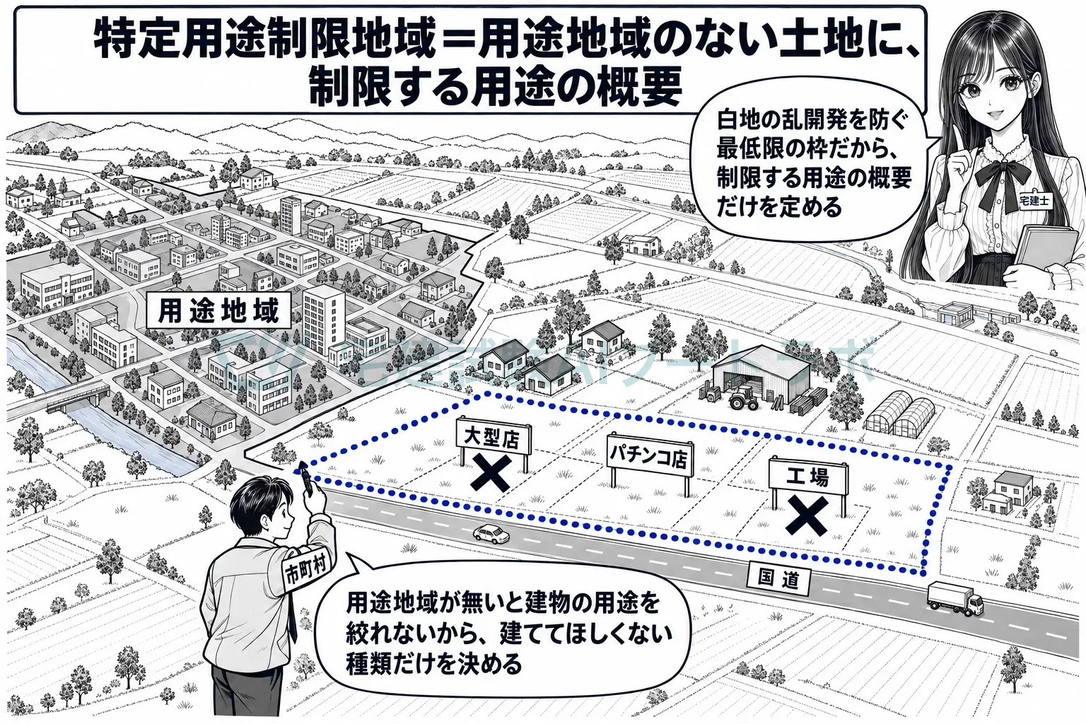 用途地域のない白地に、建ててほしくない建物だけを絞る。