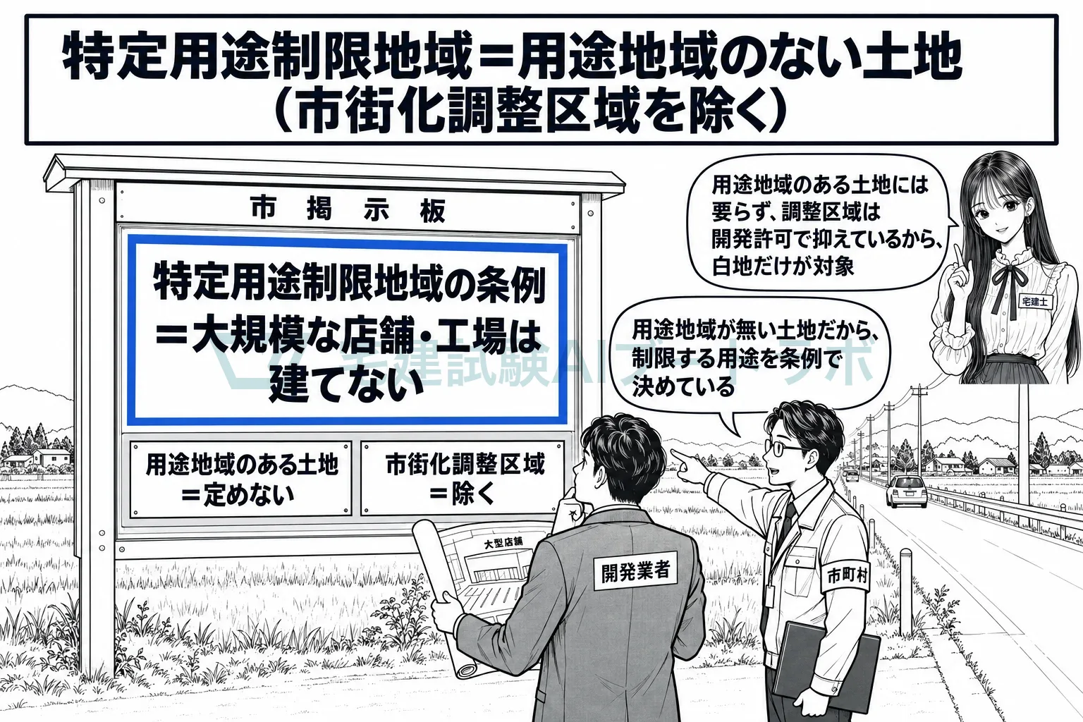用途地域のない準都市計画区域の国道沿いで、条例の掲示が建物の用途を絞る。