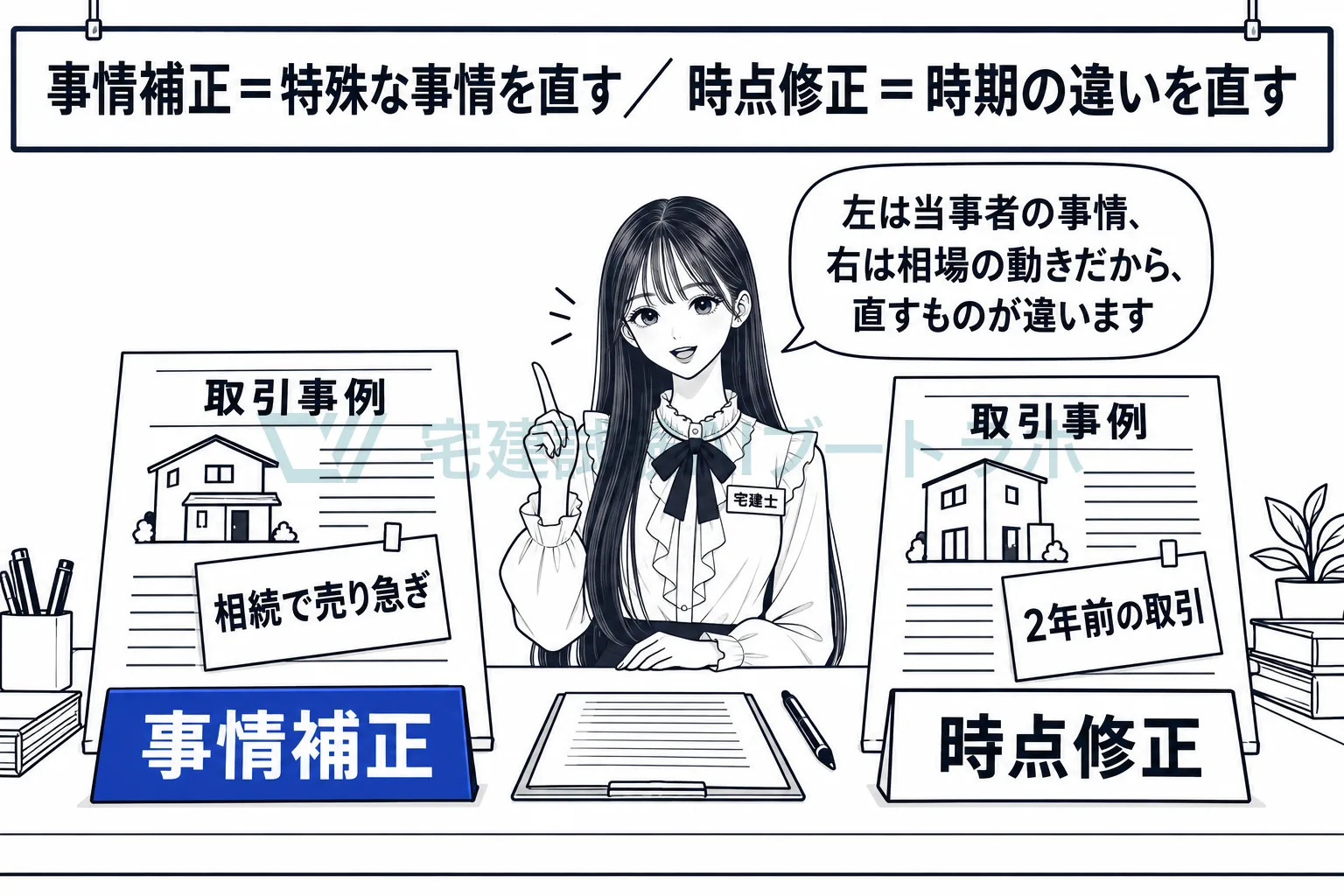 売り急ぎを直すのが事情補正、時期の違いを直すのが時点修正。