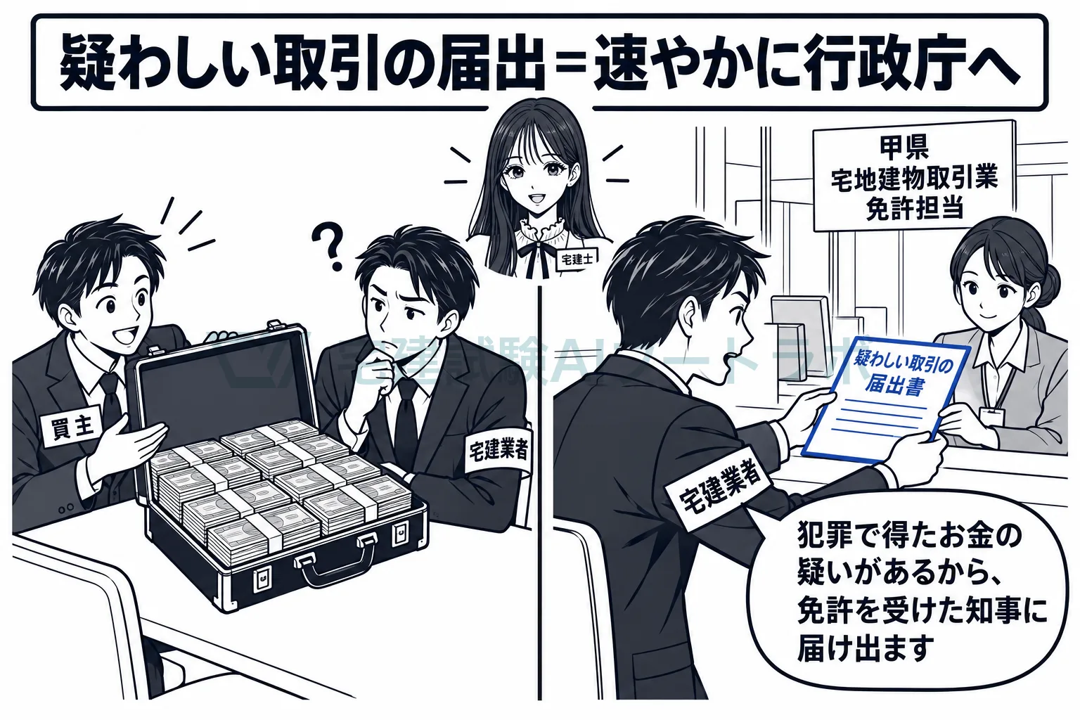 代金が犯罪で得たお金だと疑われるときは、速やかに免許権者へ届け出る。
