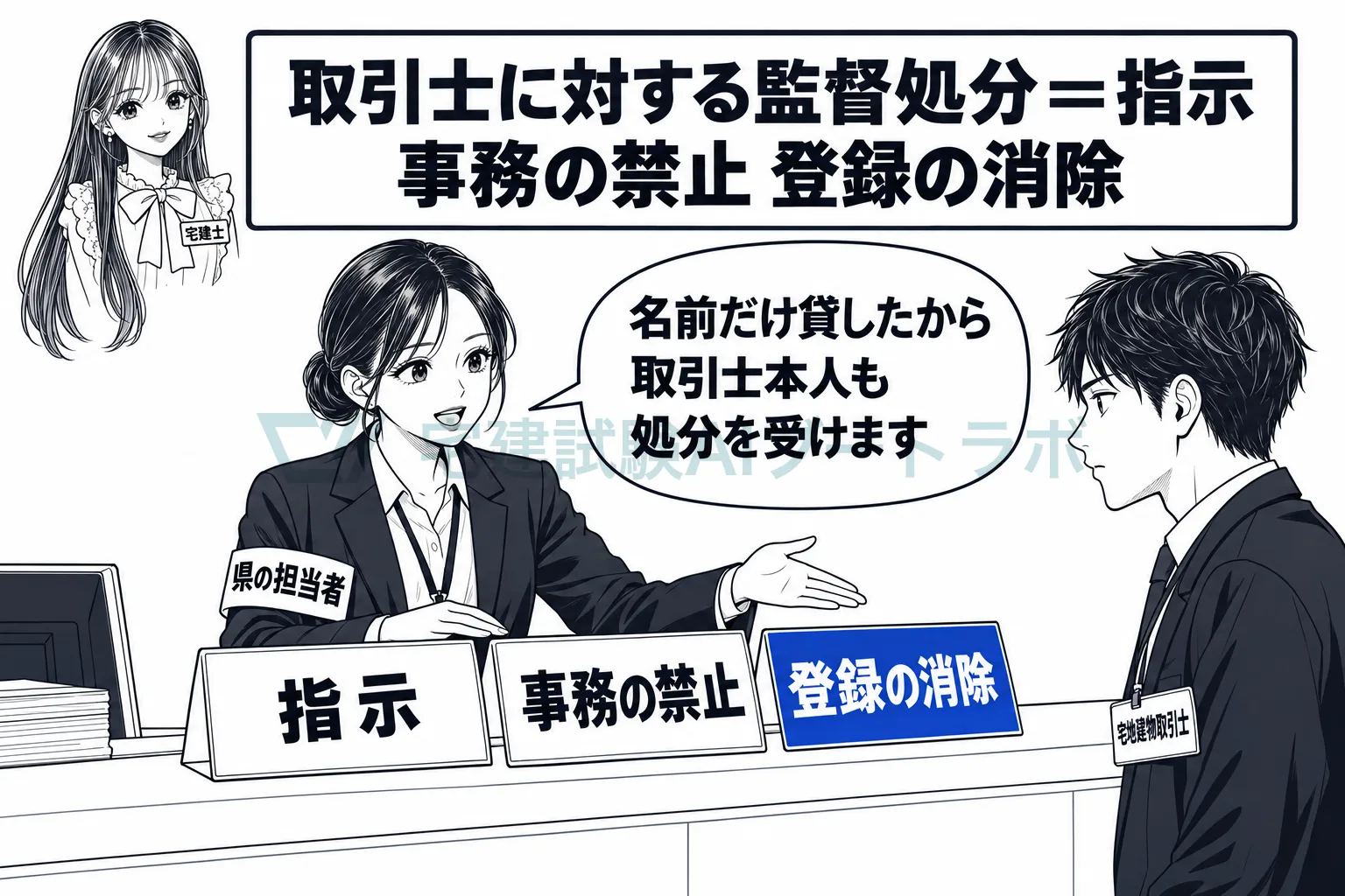 取引士への処分は、指示、事務の禁止、登録の消除の三つ。