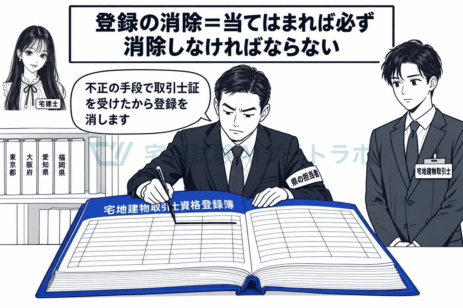 不正の手段で取引士証の交付を受けたら、登録は必ず消除される。