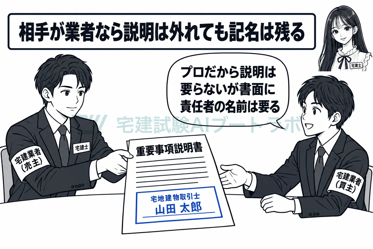 相手が業者で説明を省いても、取引士の記名は残る。