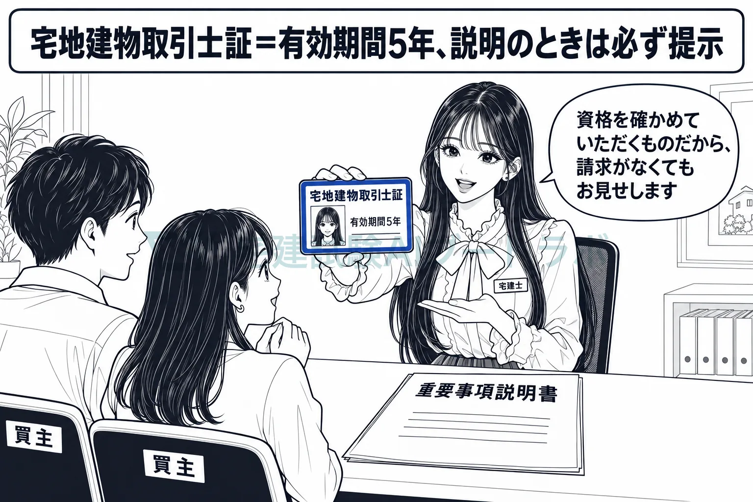 取引士証は5年ごとに更新し、説明のときは請求がなくても見せる。