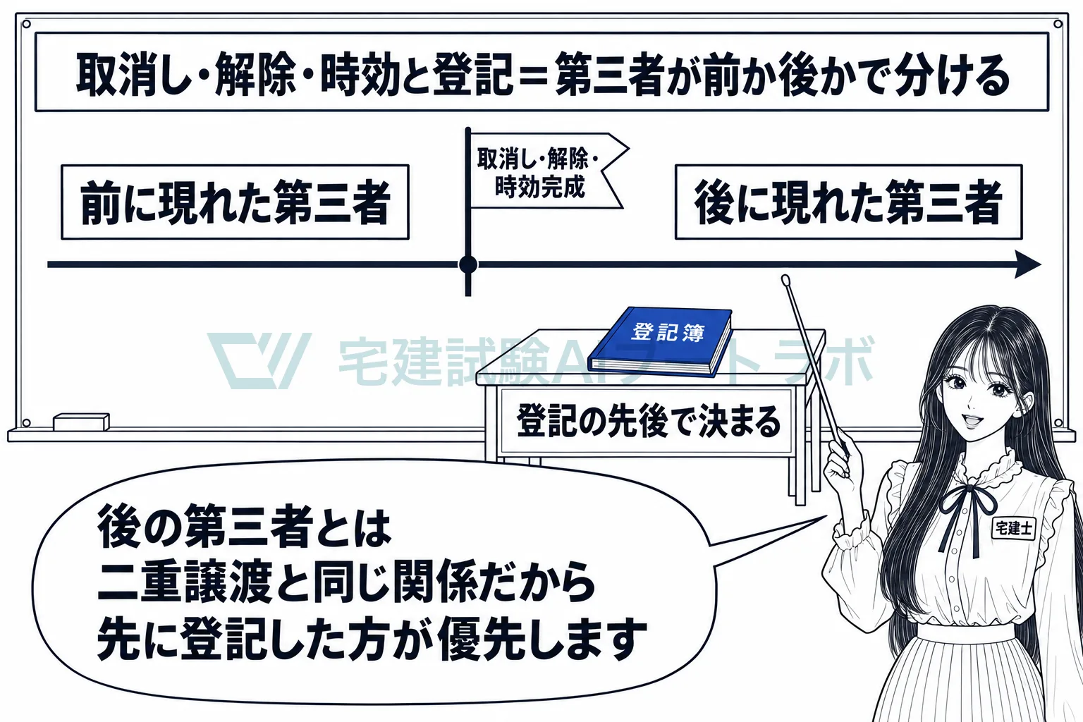 第三者が現れたのが前か後かで分け、後なら登記の先後で決まる。