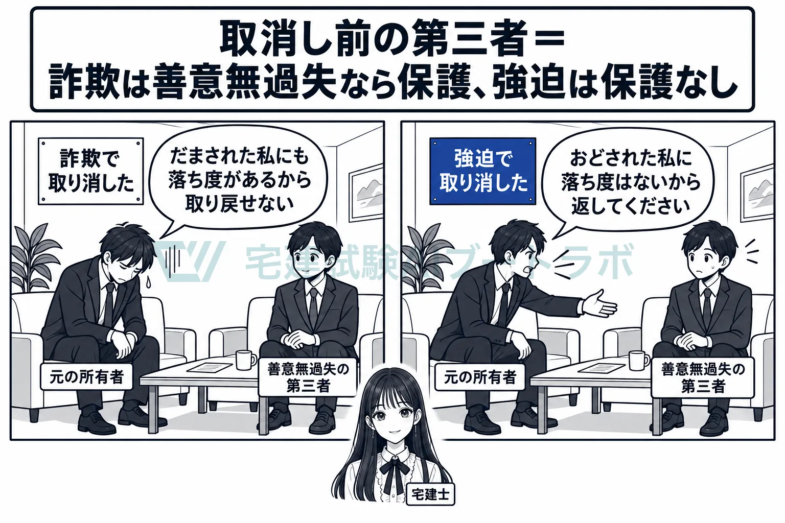 詐欺の取消しは善意無過失の第三者に対抗できず、強迫の取消しは対抗できる。