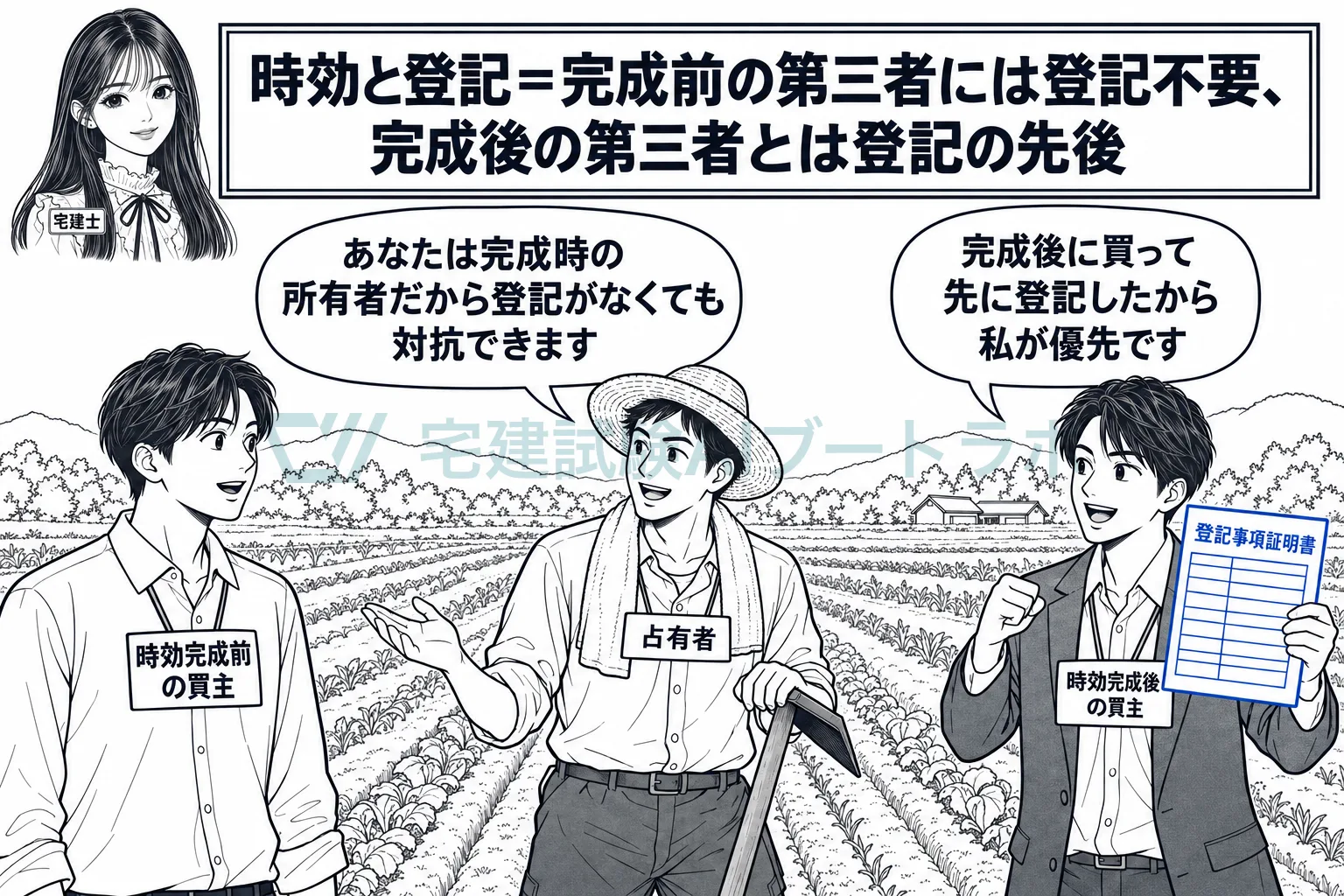 時効完成前の買主には登記なしで対抗でき、完成後の買主とは登記の先後で決まる。
