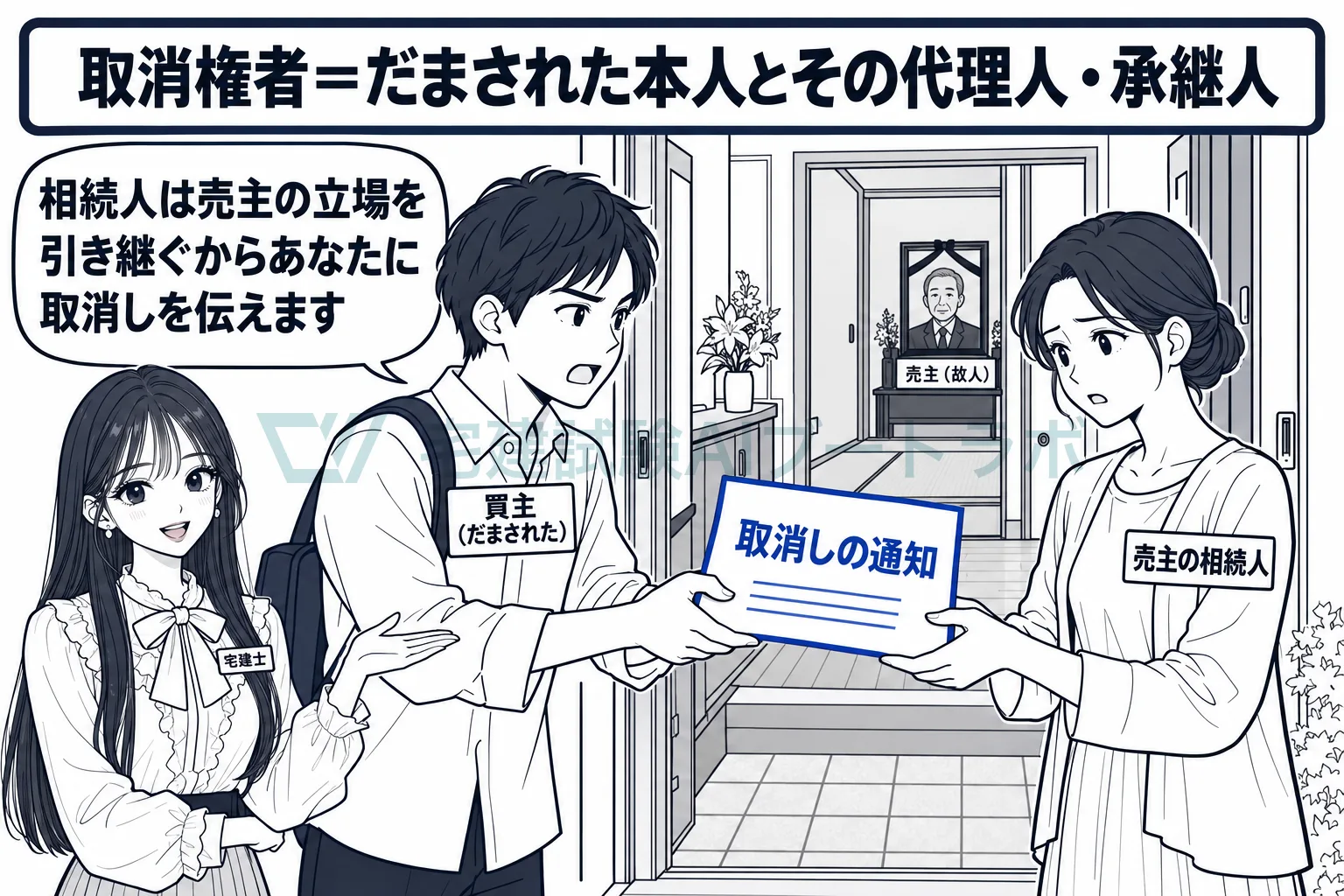 だました売主が亡くなっても、買主は相続人に取消しを伝えられる。