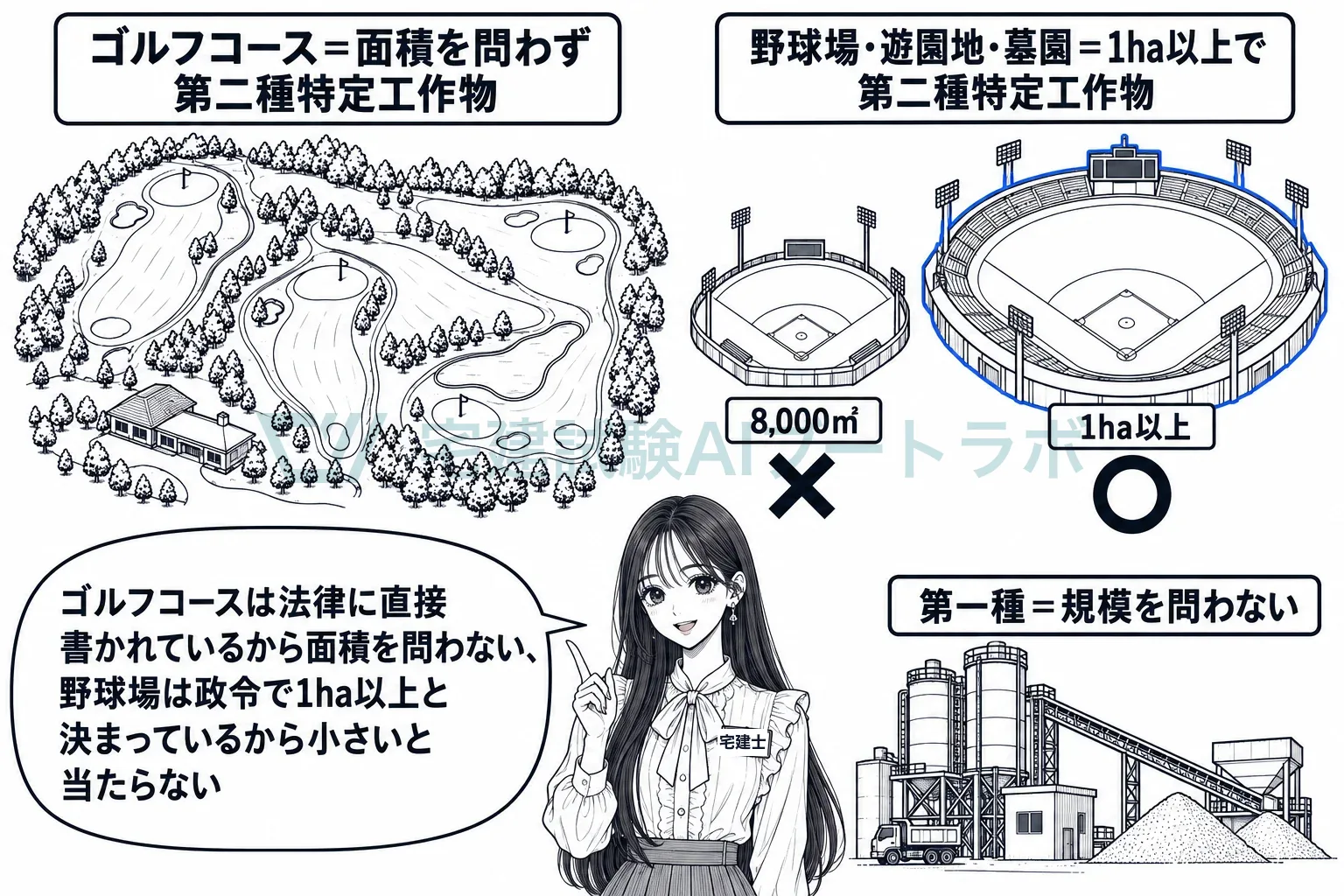 ゴルフコースは面積を問わず、野球場は1ヘクタール以上で特定工作物。