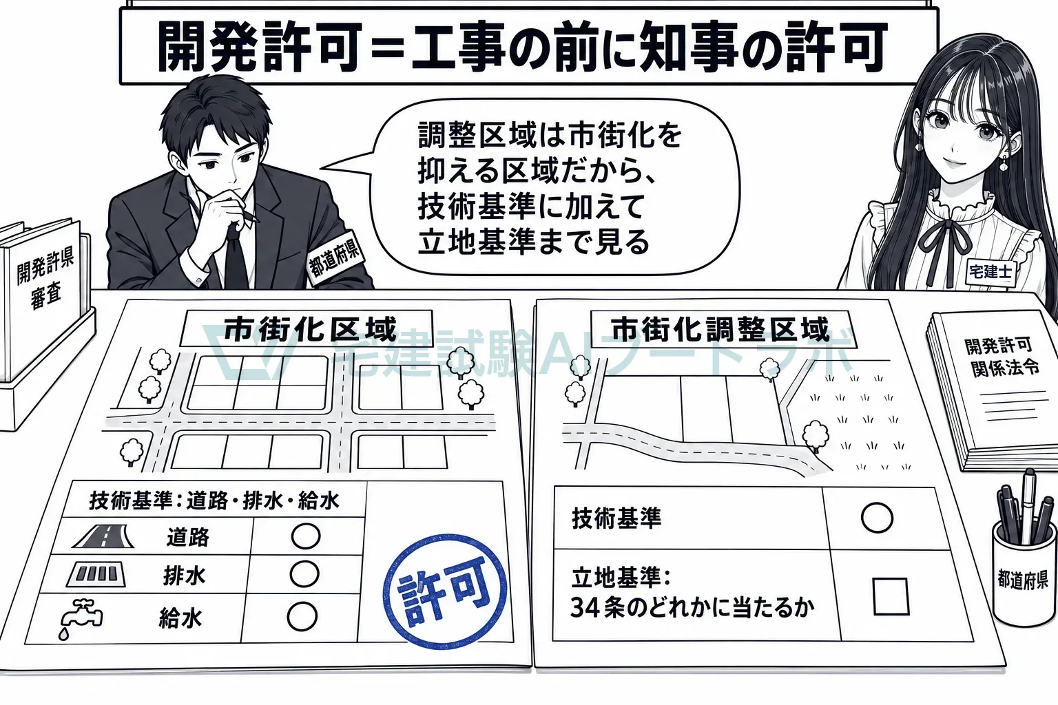 市街化区域は技術基準、調整区域はさらに立地基準で審査する。