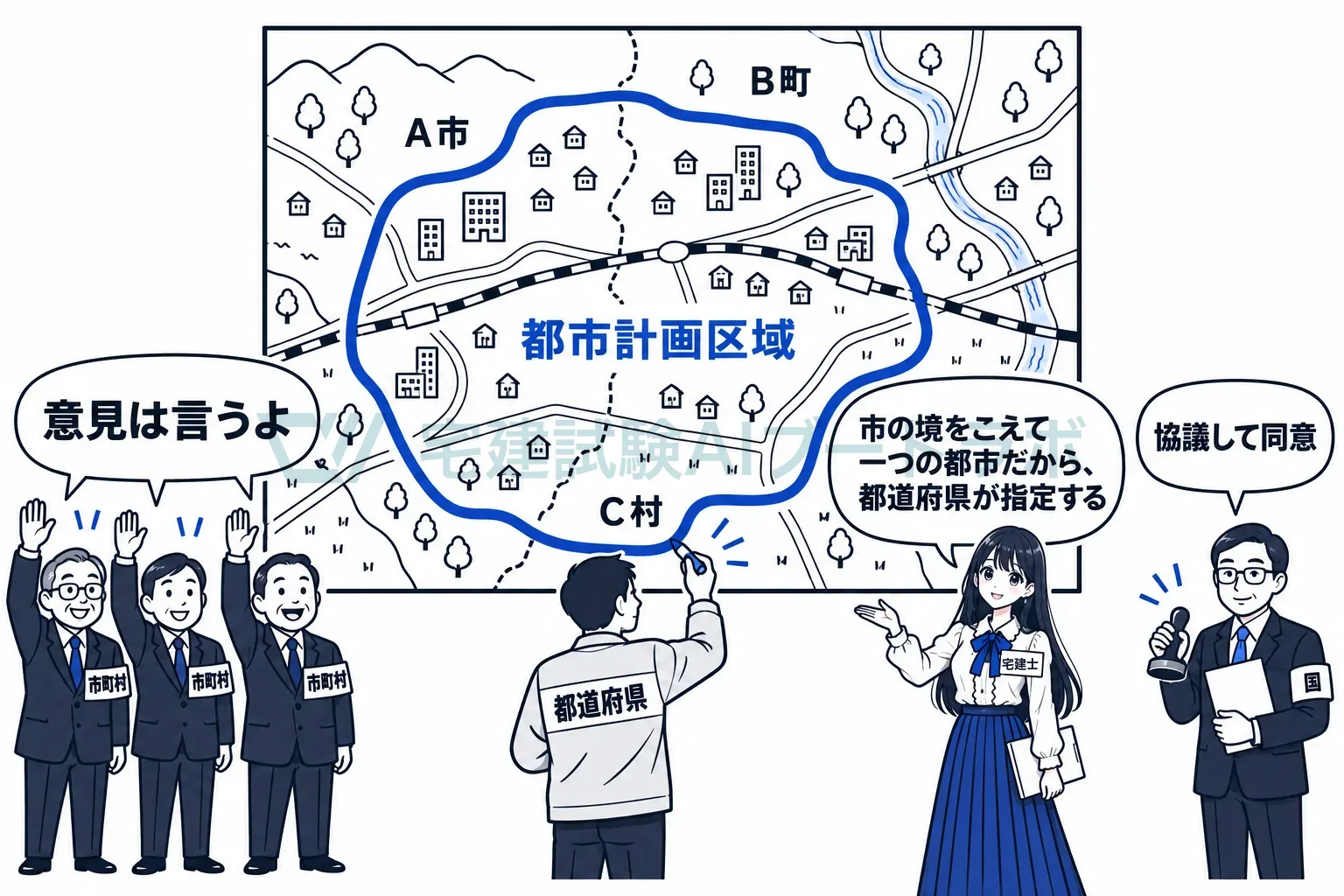 市の境をこえて一つの都市を囲むから、線を引くのは都道府県。