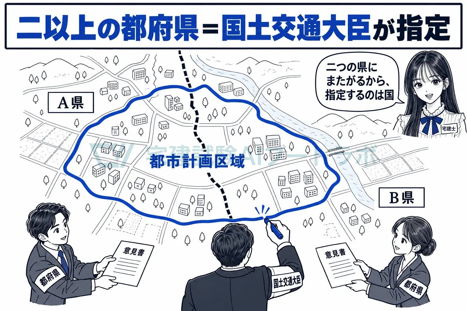 二つの県にまたがる区域は、国が線を引く。