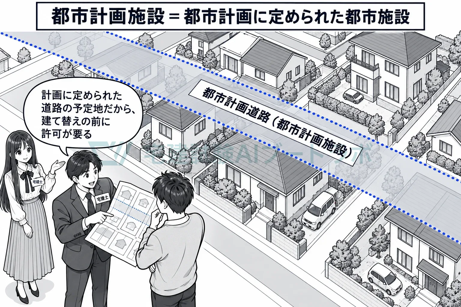 計画に定められた道路の予定地だから、建てる前に許可が要る。