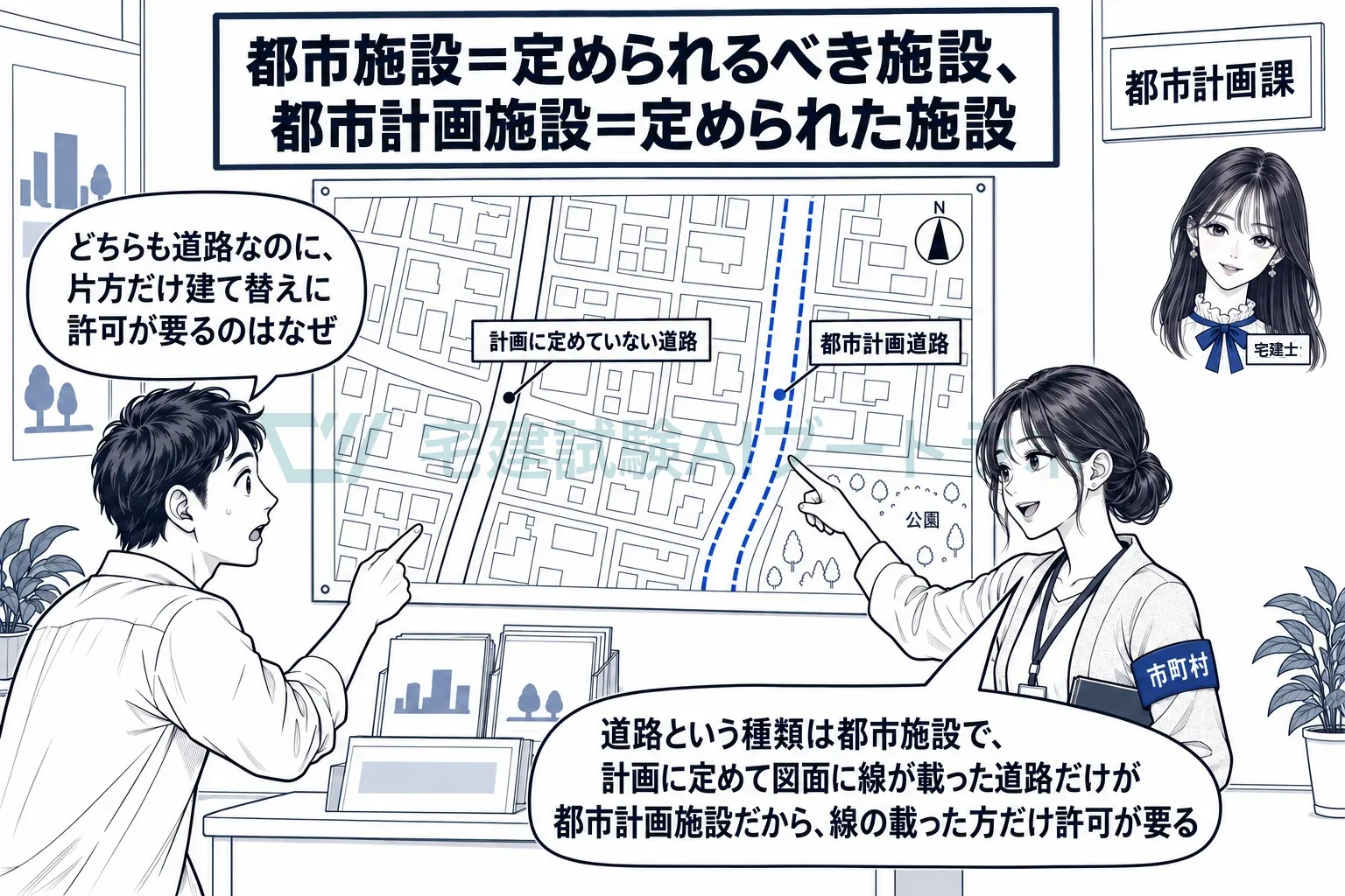 種類の名前が都市施設、計画に描かれて土地に線が載ったものが都市計画施設。