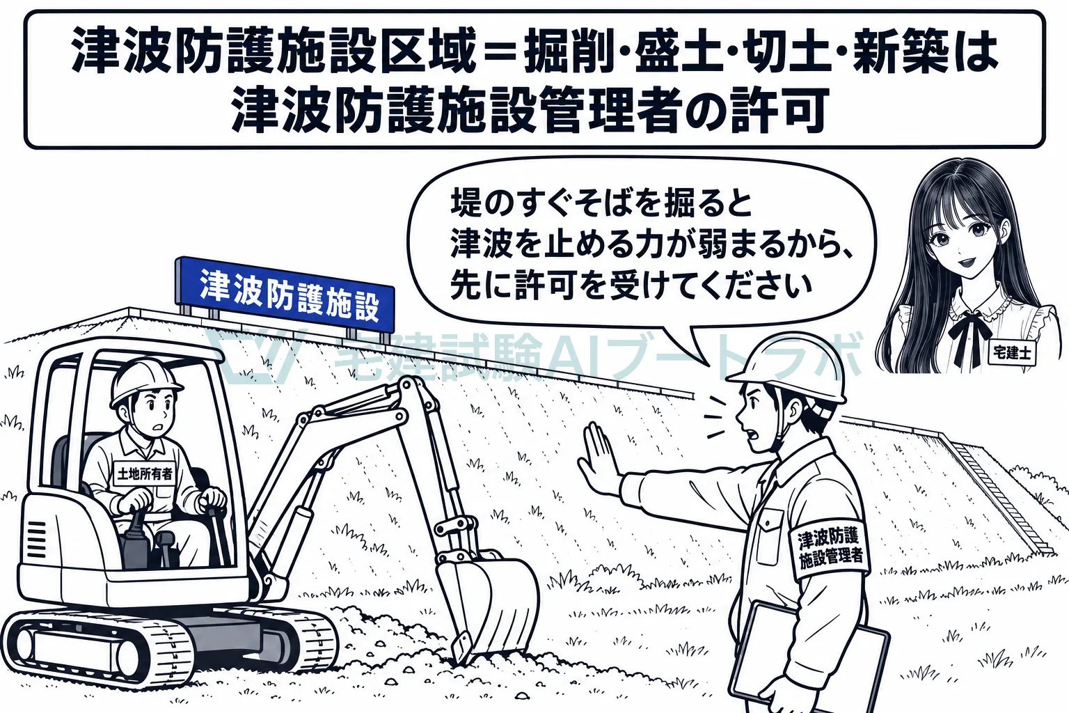 津波を食い止める施設のそばを掘るには、管理者の許可が要る。