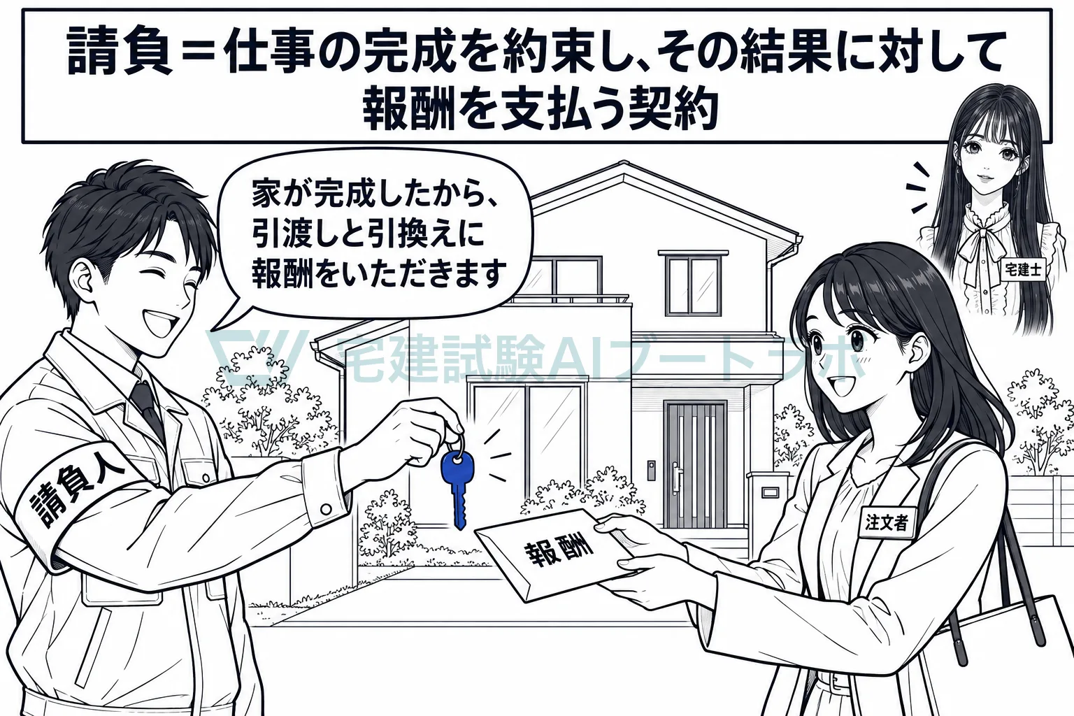 仕事の完成を引き受け、出来上がった結果に報酬が支払われる。