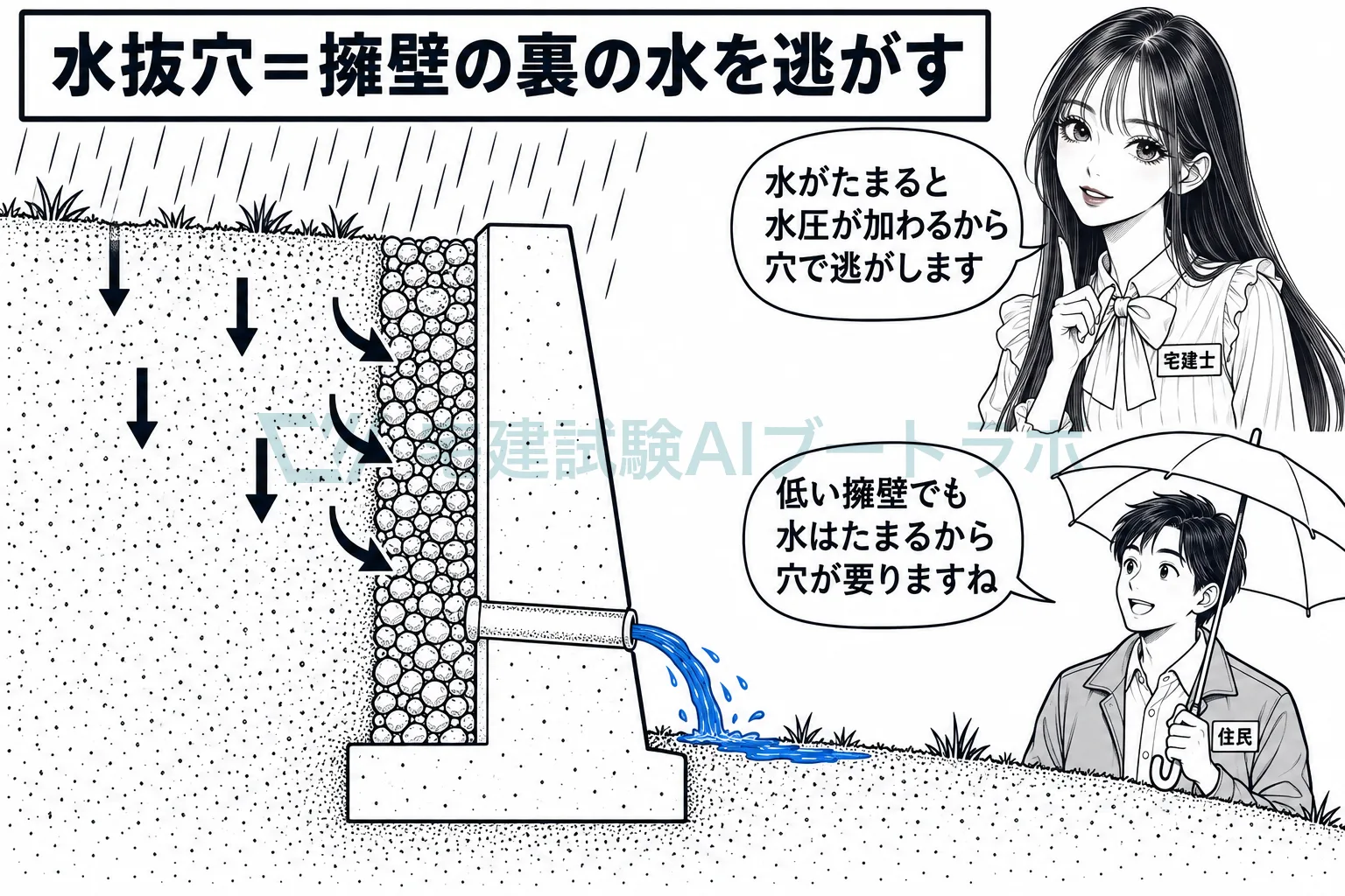 擁壁の裏に水がたまると水圧が加わるから、水抜穴で水を逃がす。