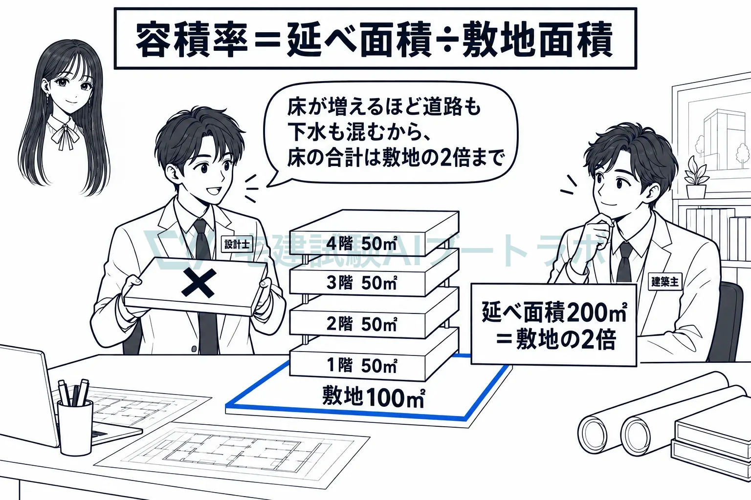 敷地100㎡に容積率10分の20なら、全部の階の床は200㎡まで。