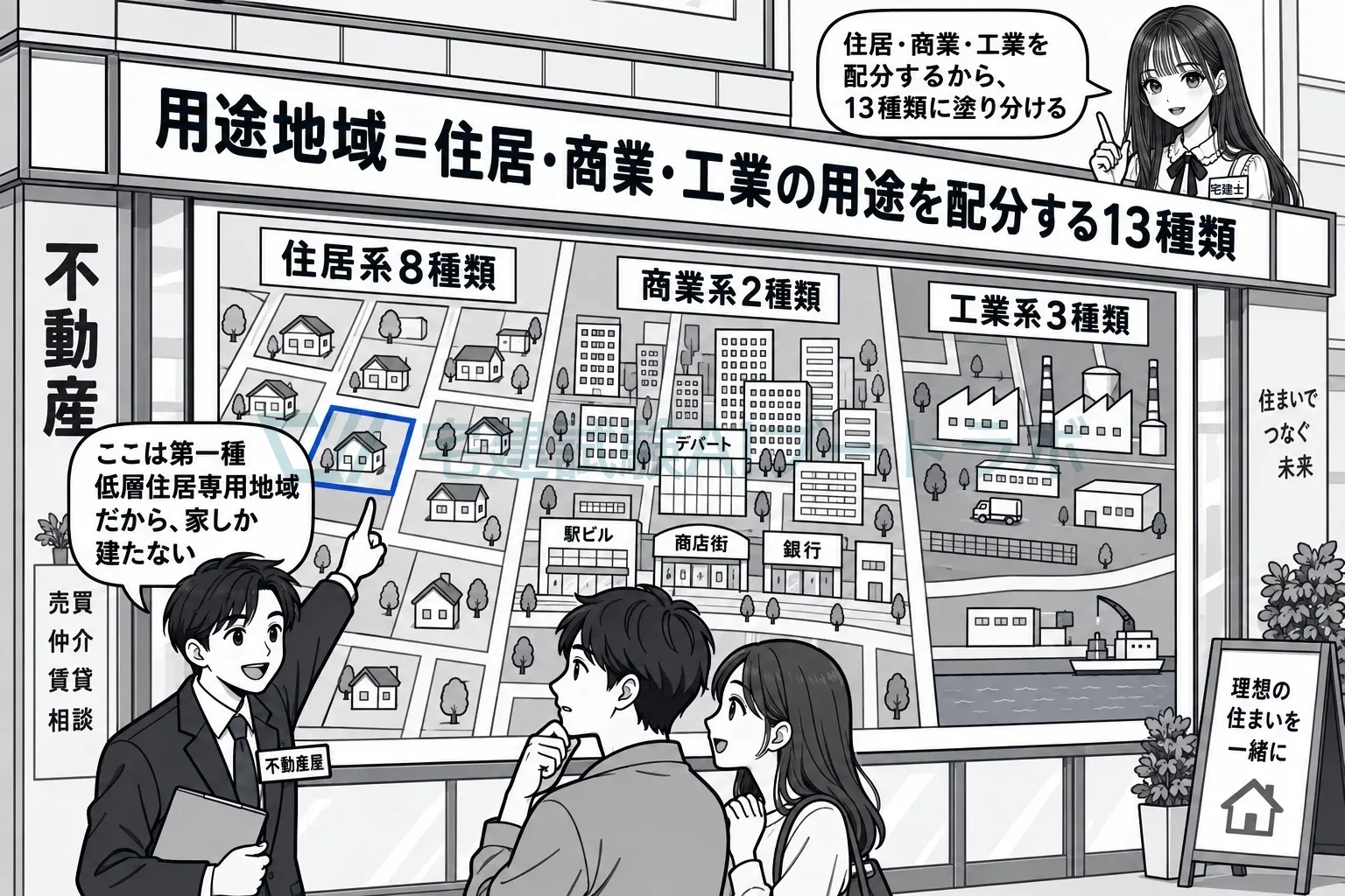 住居、商業、工業を配分して、市街地を13種類に塗り分ける。