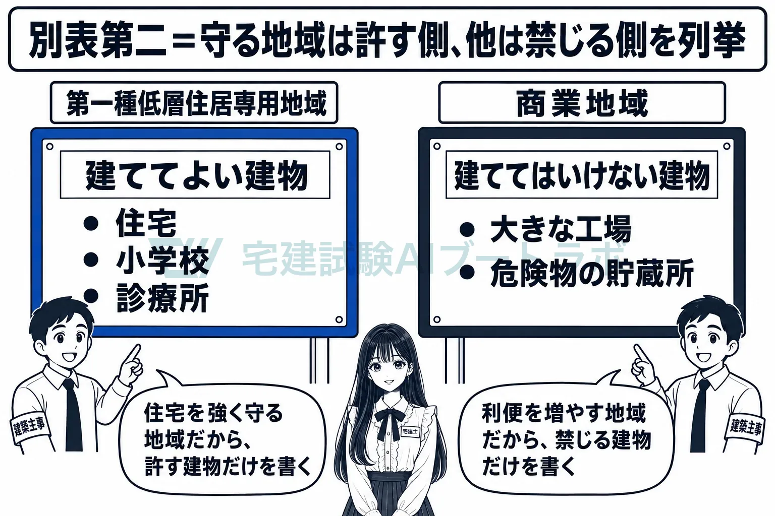 守る地域は建ててよい建物を、他は建ててはいけない建物を書く。