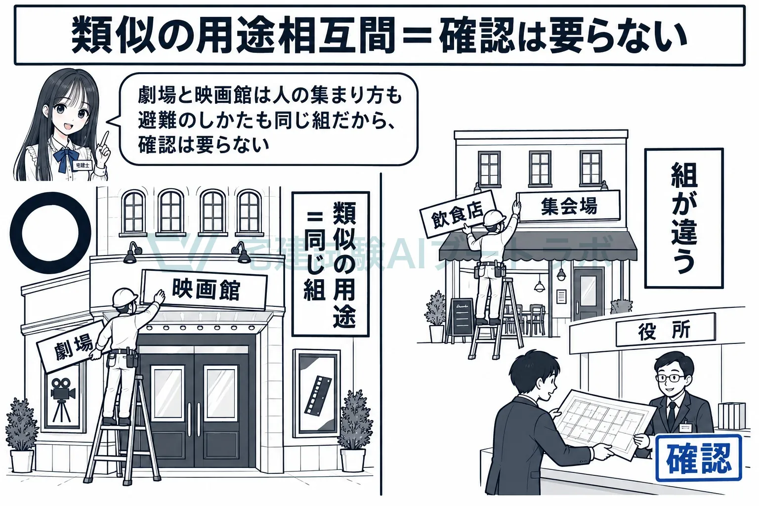 劇場から映画館なら確認は要らず、飲食店から集会場なら確認。