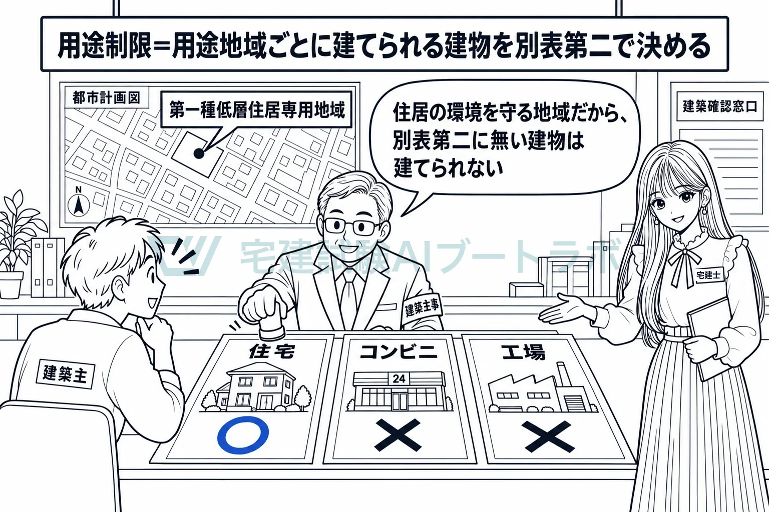 同じ敷地でも、地域の種類で建ててよい建物が変わる。