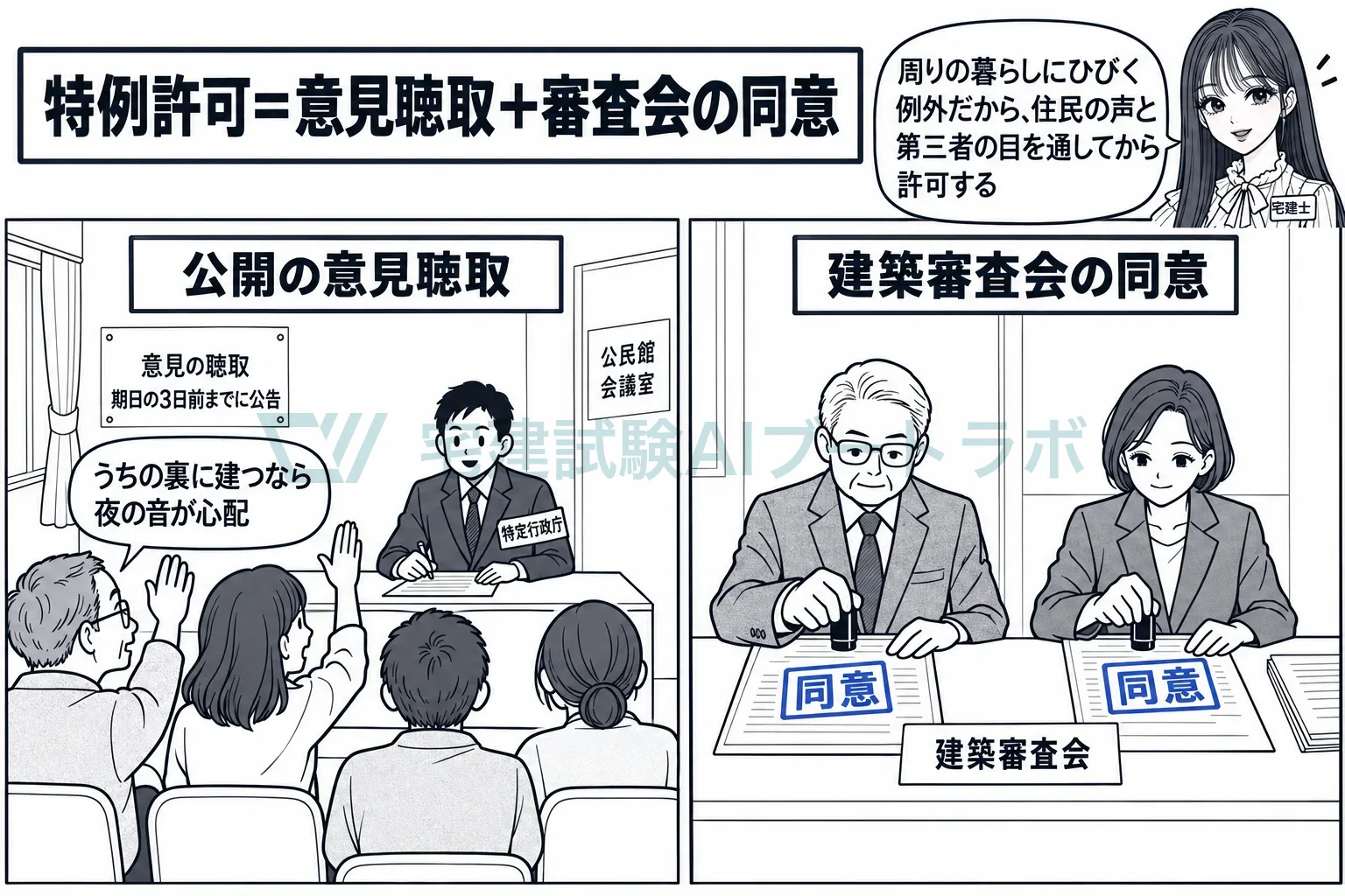 特例許可は、公開の意見聴取と建築審査会の同意を通す。
