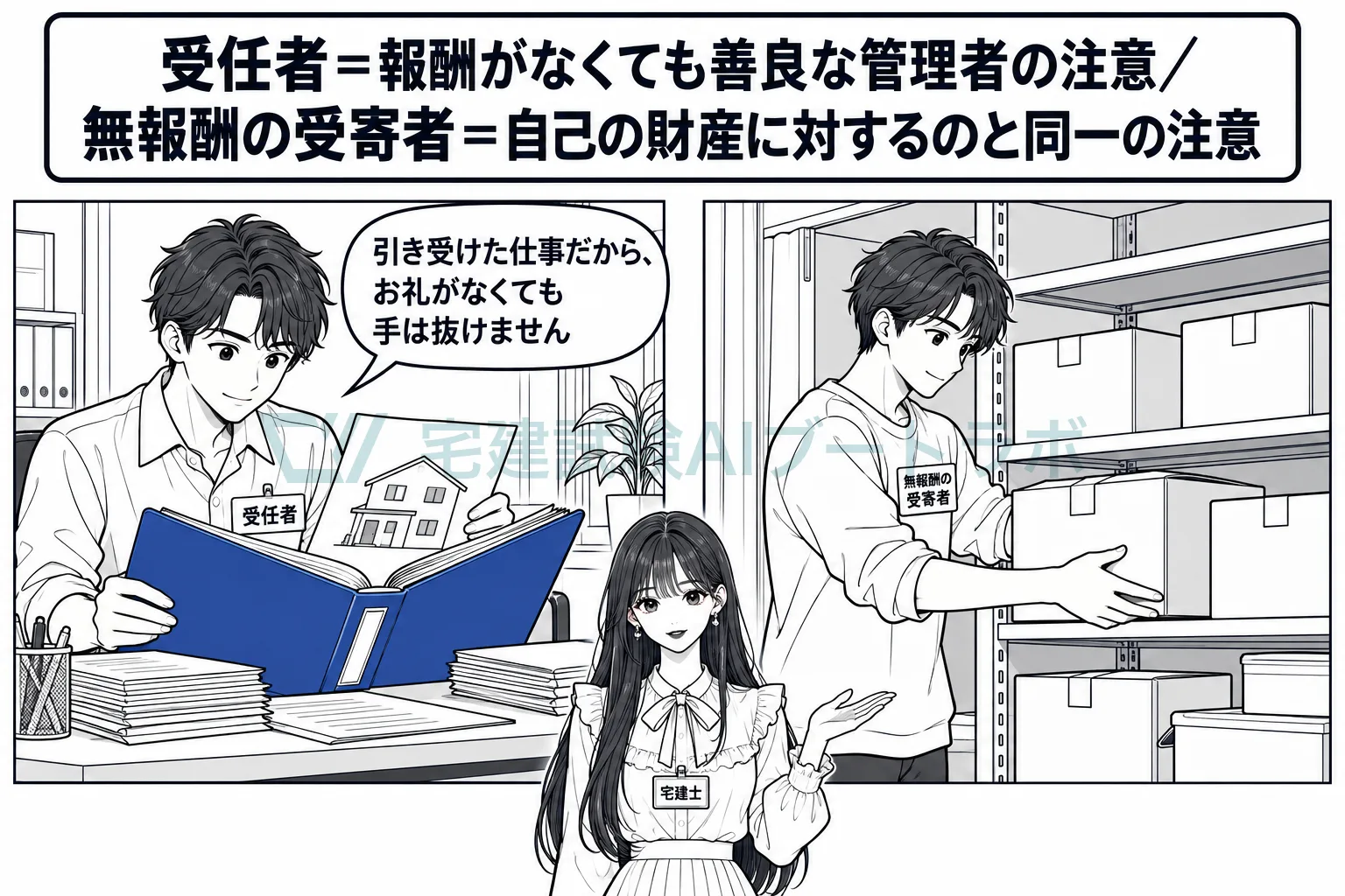 受任者は報酬がなくても善管注意を負い、無報酬の受寄者は自分の物と同じ注意で足りる。