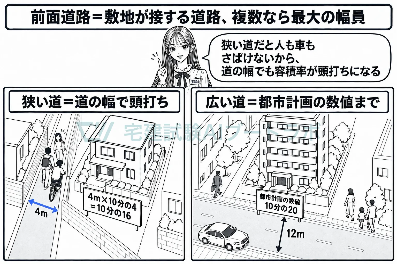 狭い道に面した敷地は、道の幅で容積率が頭打ちになる。