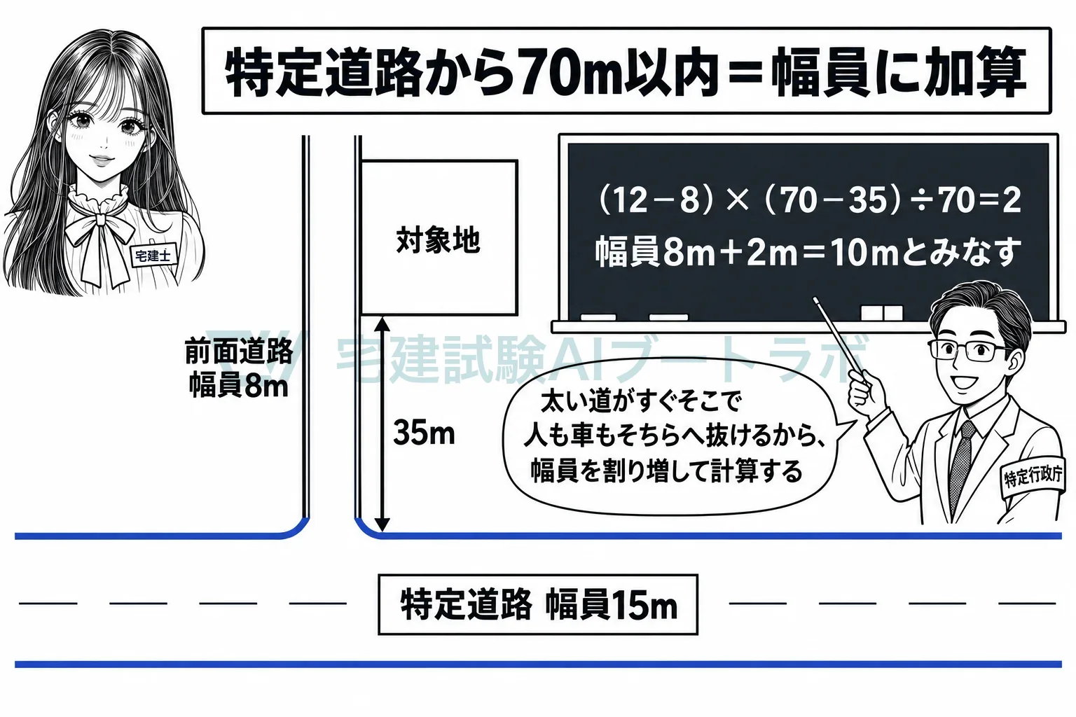 太い道がすぐ近くなら、前面道路の幅員を割り増して計算する。