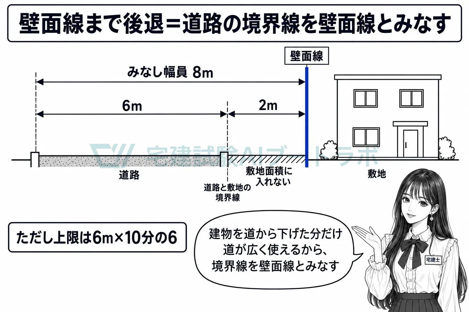 建物を壁面線まで下げれば、そこまでを道路の幅とみなせる。