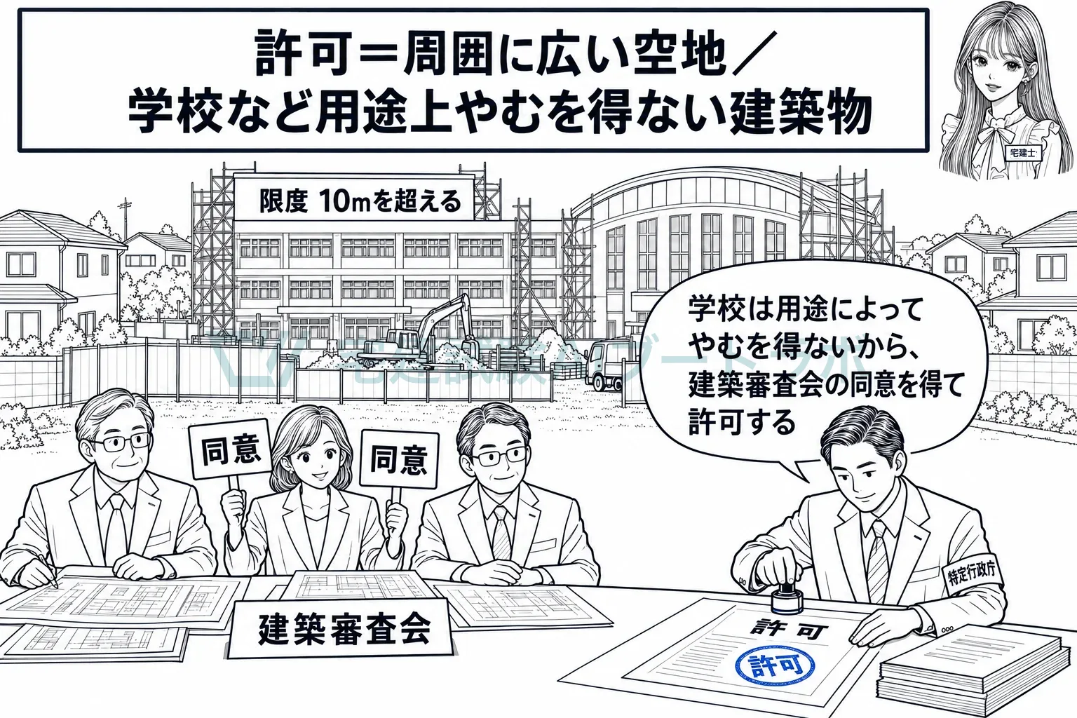 学校は用途上やむを得ないから、審査会の同意を得て許可。