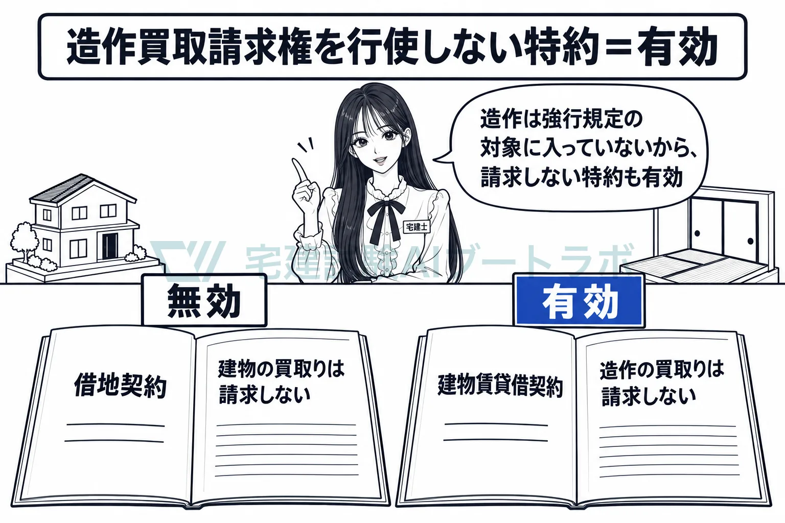 建物買取請求権は特約で排除できず、造作買取請求権は排除できる。