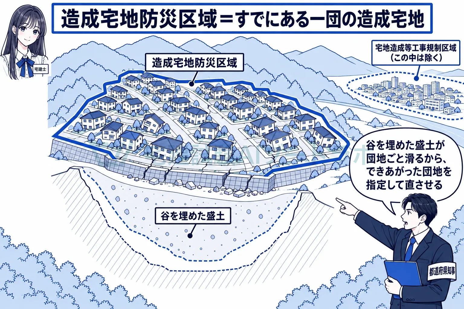 谷を埋めた盛土が団地ごと滑るから、できあがった団地を指定して直させる。