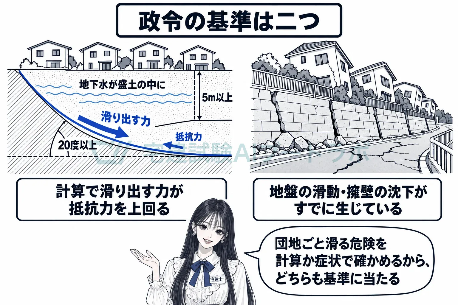 計算で滑ると分かった盛土か、すでに沈みや亀裂が出ている造成地。